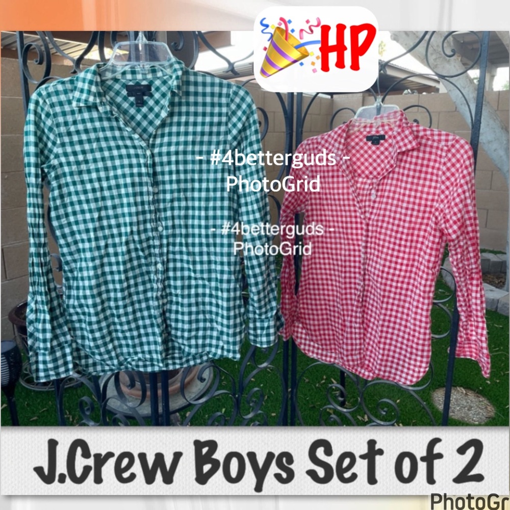SET 2 Bundle J.Crew Boys Check Gingham Print Cotton Long Sleeve Button Shirt 2